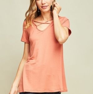CLEARANCE Criss Cross V-Neck Tee in Salmon